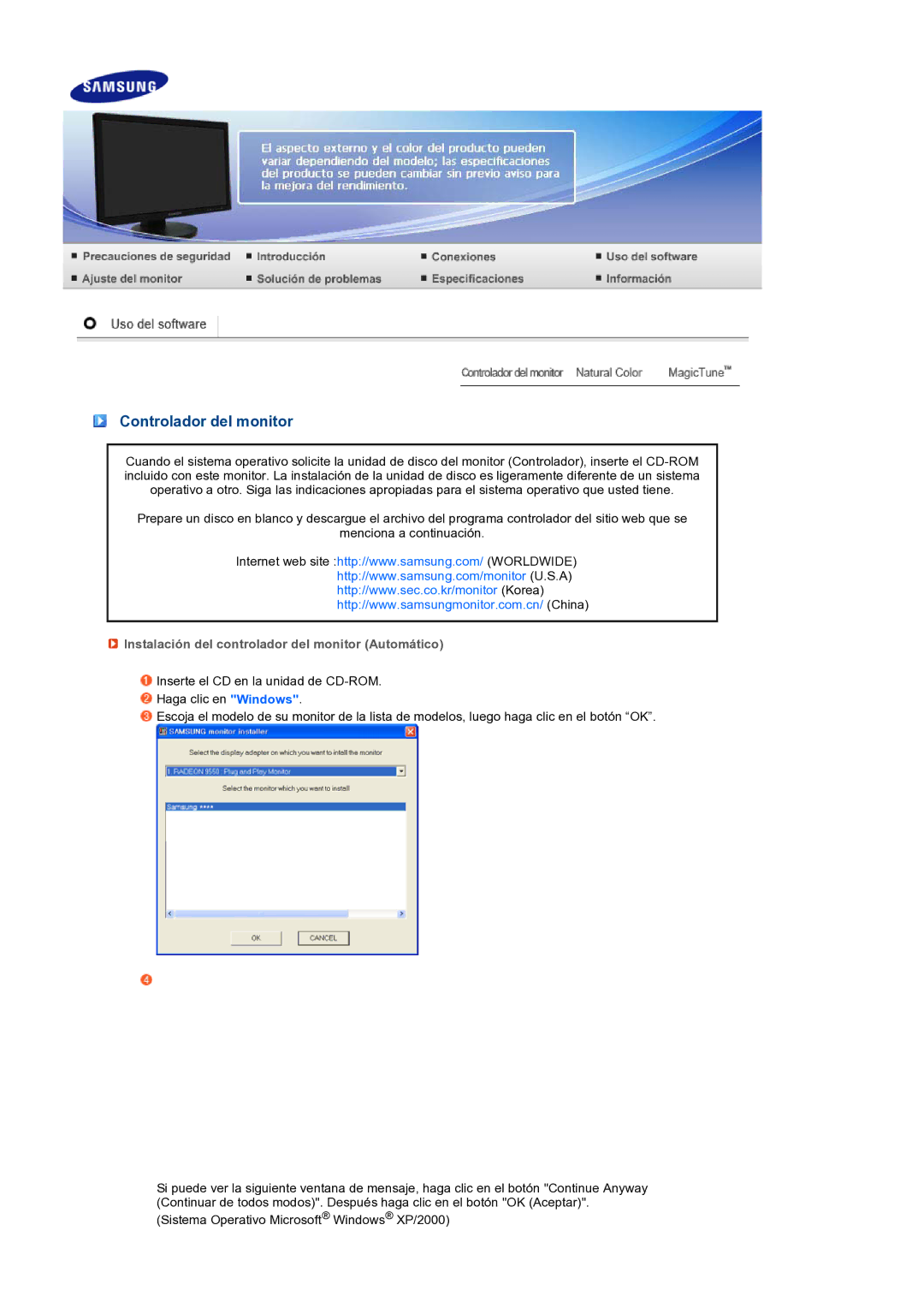 Samsung LS24HUBCBS/EDC, LS24HUBCBQ/EDC manual Controlador del monitor, Instalación del controlador del monitor Automático 