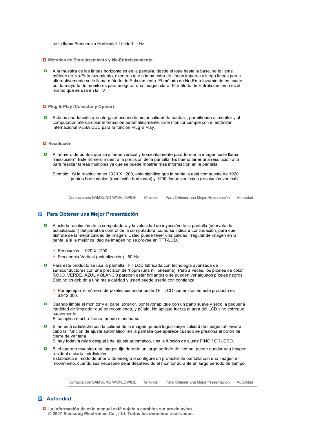 Samsung LS24HUBCBS/EDC Para Obtener una Mejor Presentación, Autoridad, Métodos de Entrelazamiento y No-Entrelazamiento 