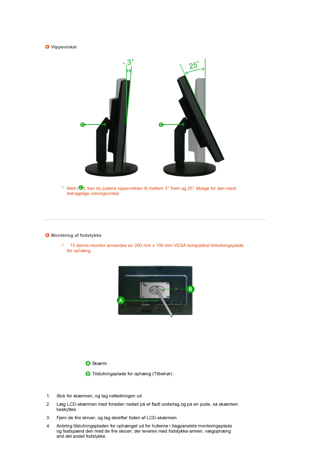 Samsung LS24HUBCBS/EDC, LS24HUBCBQ/EDC manual Vippevinkel, Montering af fodstykke 