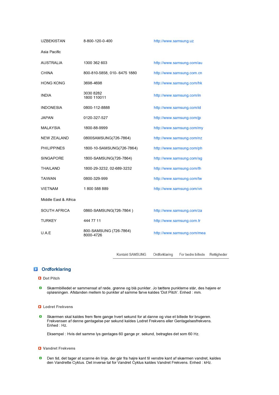 Samsung LS24HUBCBQ/EDC, LS24HUBCBS/EDC manual Ordforklaring, Dot Pitch, Lodret Frekvens, Vandret Frekvens 