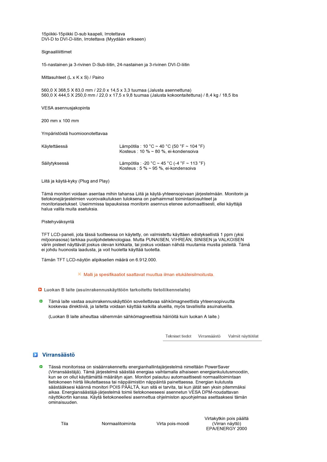 Samsung LS24HUBCBS/EDC, LS24HUBCBQ/EDC manual Virransäästö, Epa/Energy 