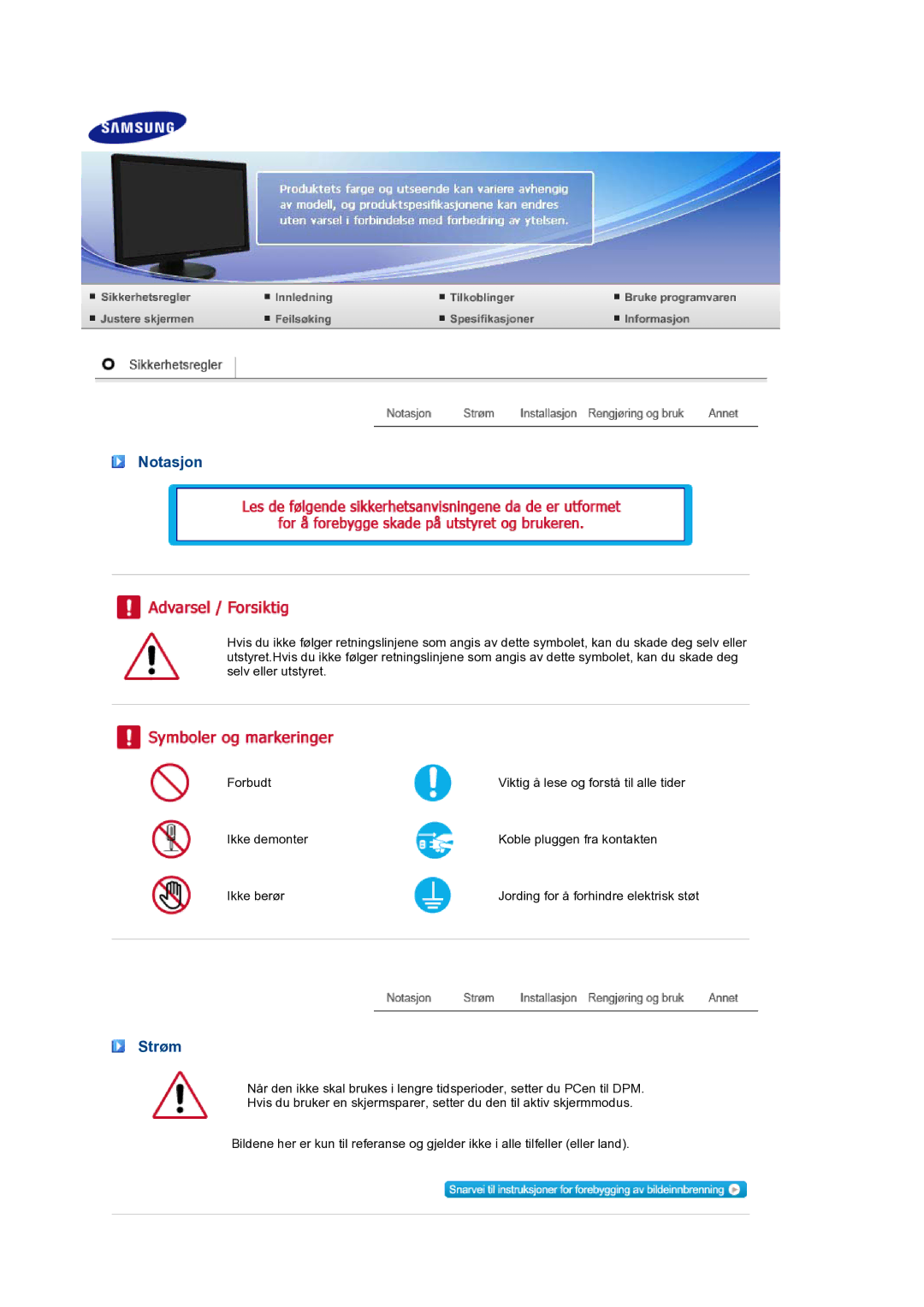 Samsung LS24HUBCBS/EDC, LS24HUBCBQ/EDC manual Notasjon, Strøm 