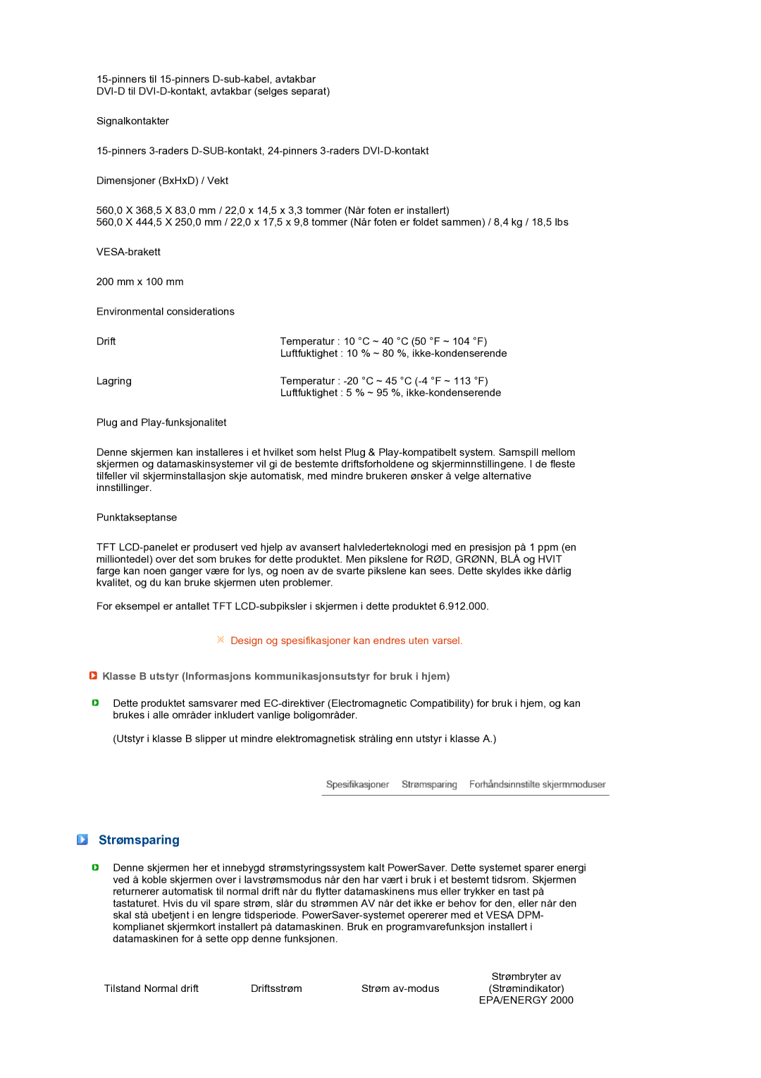 Samsung LS24HUBCBQ/EDC, LS24HUBCBS/EDC manual Strømsparing, Epa/Energy 