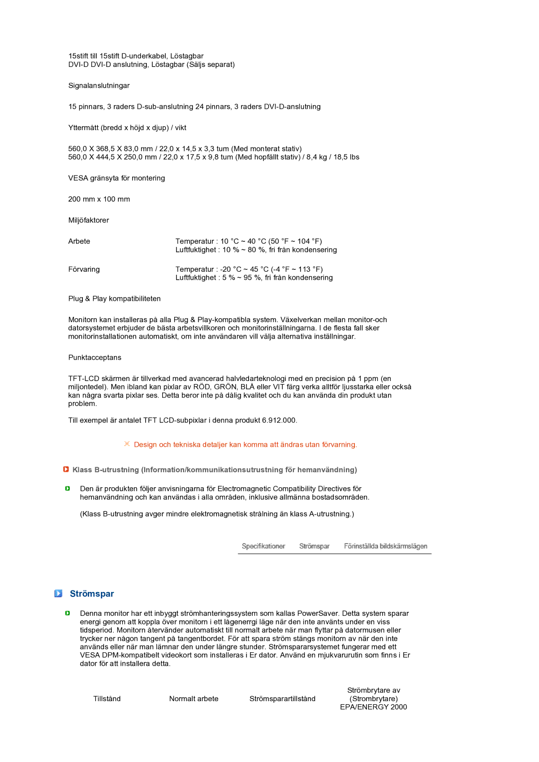 Samsung LS24HUBCBQ/EDC, LS24HUBCBS/EDC manual Strömspar, Epa/Energy 