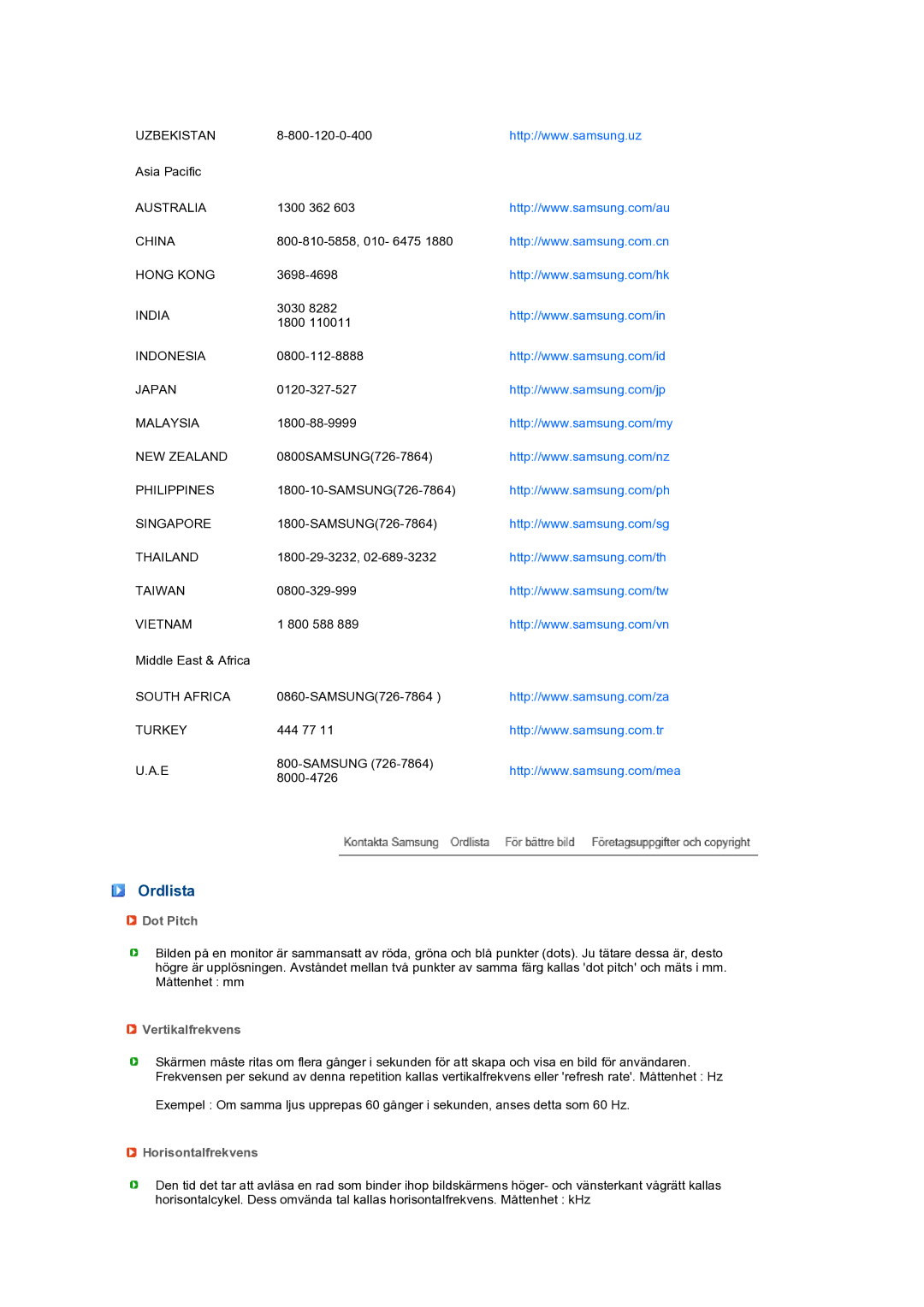 Samsung LS24HUBCBS/EDC, LS24HUBCBQ/EDC manual Ordlista, Dot Pitch, Vertikalfrekvens, Horisontalfrekvens 