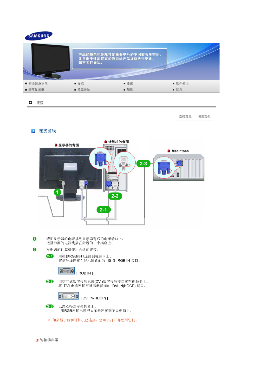 Samsung LS24HUBCBQ/EDC, LS24HUBCBS/EDC manual 连接缆线, 连接扬声器 