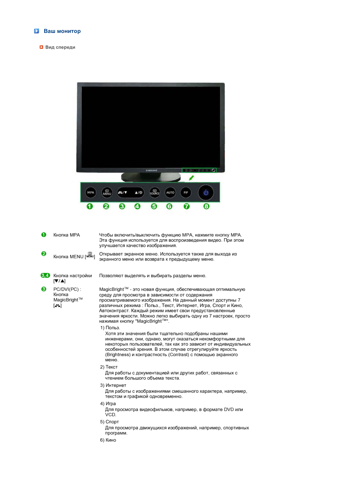 Samsung LS24HUCEBQ/EDC, LS24HUCEB7/CI manual Ваш монитор, Вид спереди, Pc/Dvipc, Vcd 