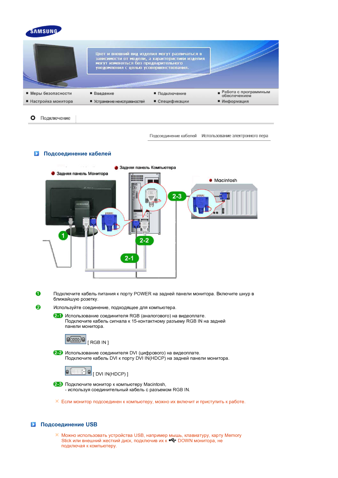 Samsung LS24HUCEBQ/EDC, LS24HUCEB7/CI manual Подсоединение кабелей, Подсоединение USB 