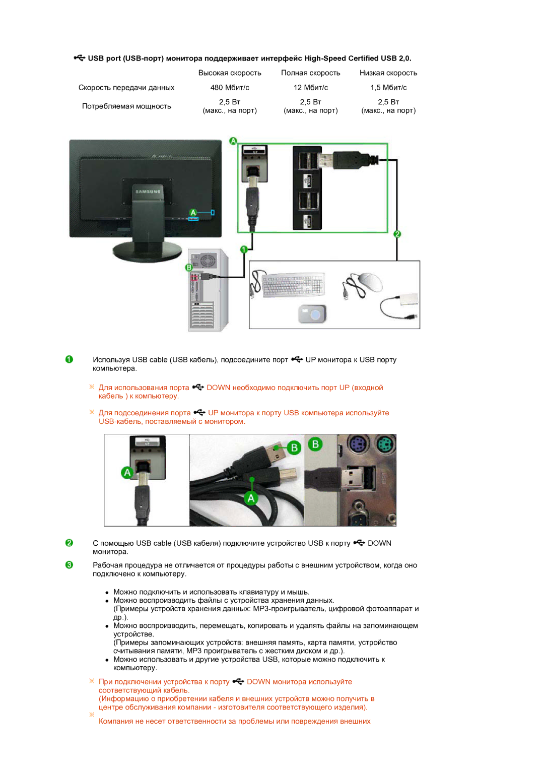 Samsung LS24HUCEB7/CI, LS24HUCEBQ/EDC manual Скорость передачи данных 480 Мбит/с 12 Мбит/с 