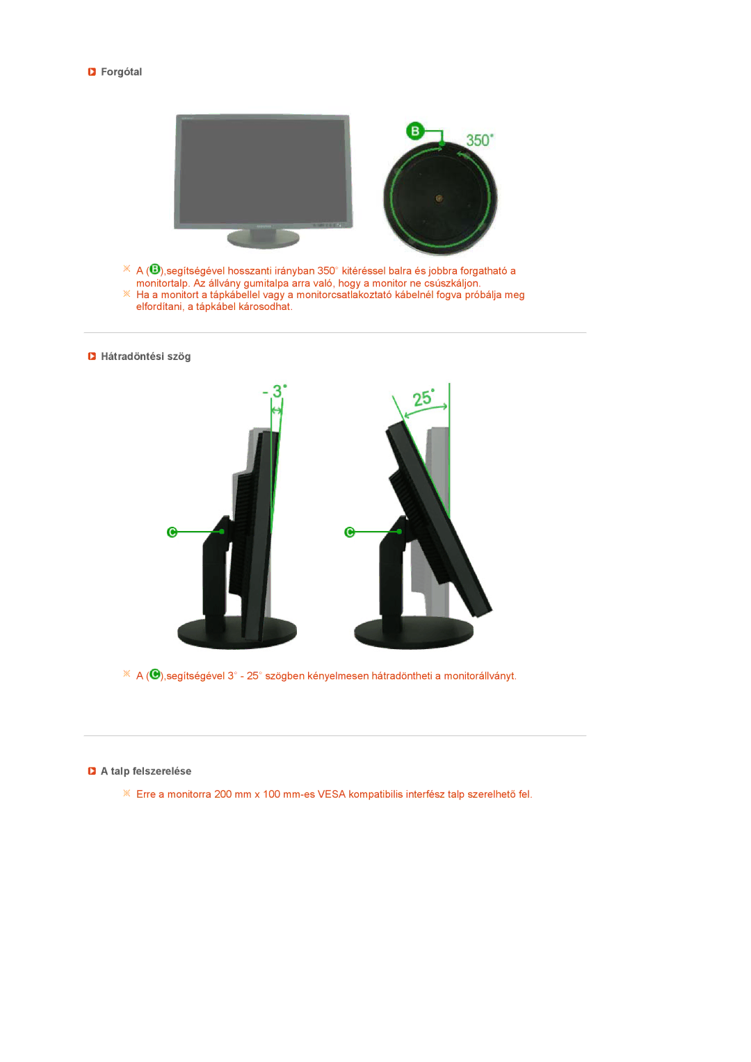 Samsung LS24HUCEBQ/EDC, LS24HUCEBQSEDC manual Forgótal, Hátradöntési szög, Talp felszerelése 