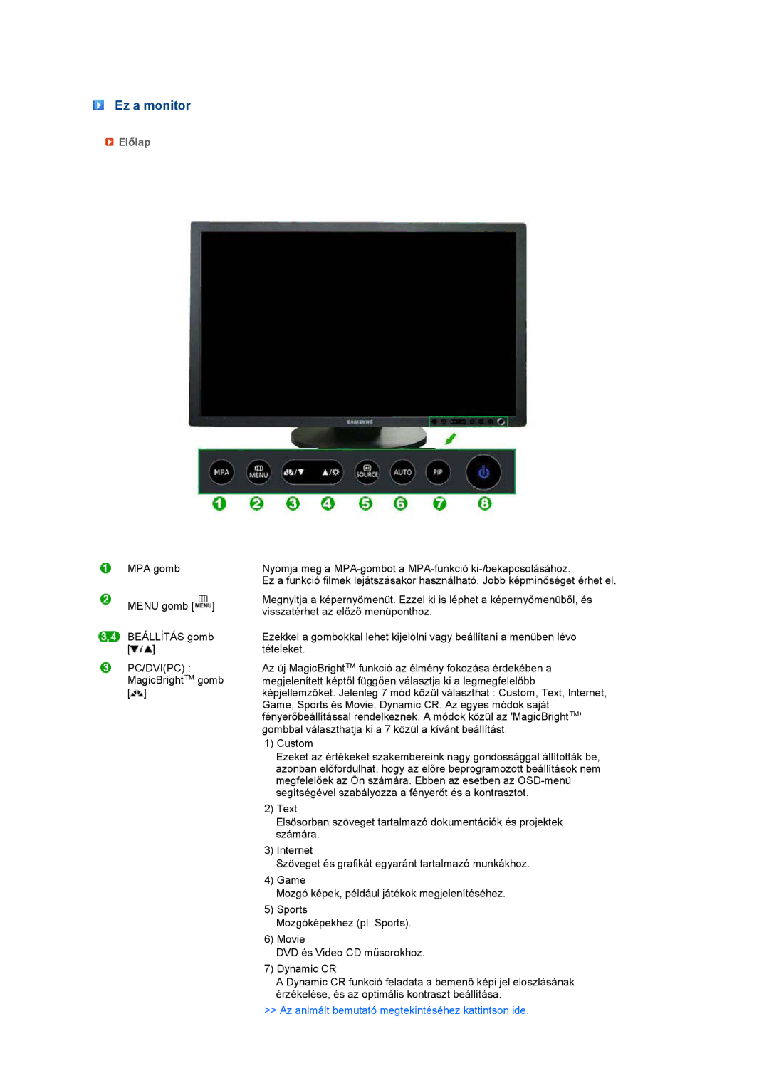 Samsung LS24HUCEBQ/EDC, LS24HUCEBQSEDC manual Ez a monitor, Előlap, Az animált bemutató megtekintéséhez kattintson ide 