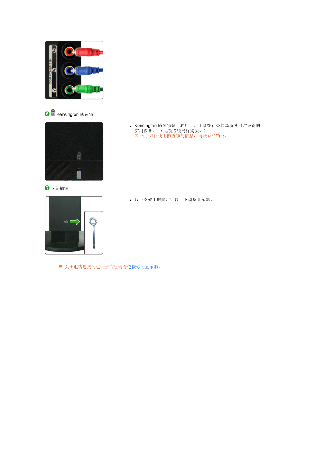 Samsung LS24HUCEBQSEDC, LS24HUCEBQ/EDC manual 关于如何使用防盗锁的信息，请联系经销商。, 关于电缆连接的进一步信息请看连接你的显示器。 