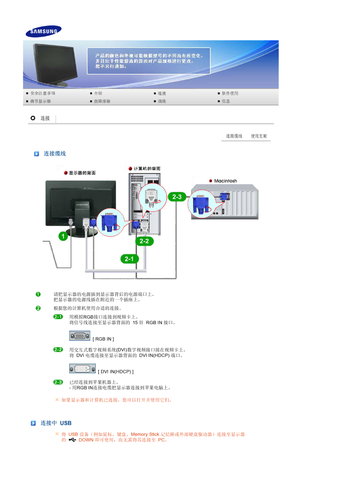 Samsung LS24HUCEBQ/EDC, LS24HUCEBQSEDC manual 连接缆线, 连接中 Usb 