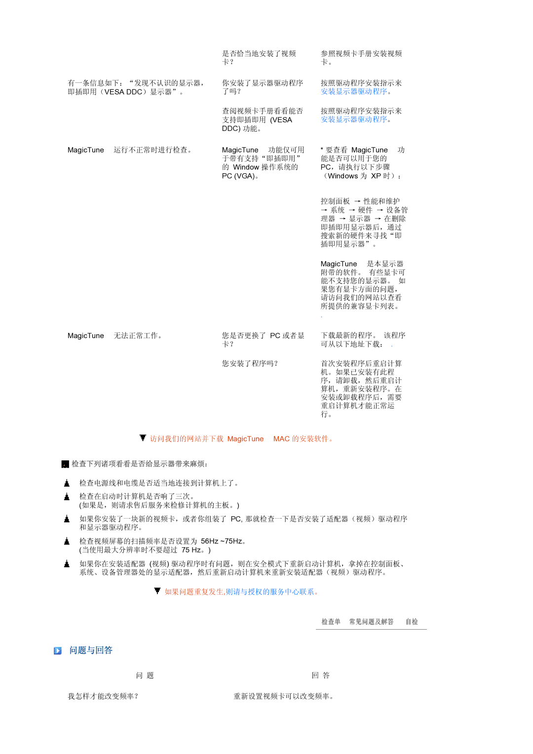 Samsung LS24HUCEBQSEDC, LS24HUCEBQ/EDC manual 问题与回答, 检查下列诸项看看是否给显示器带来麻烦： 