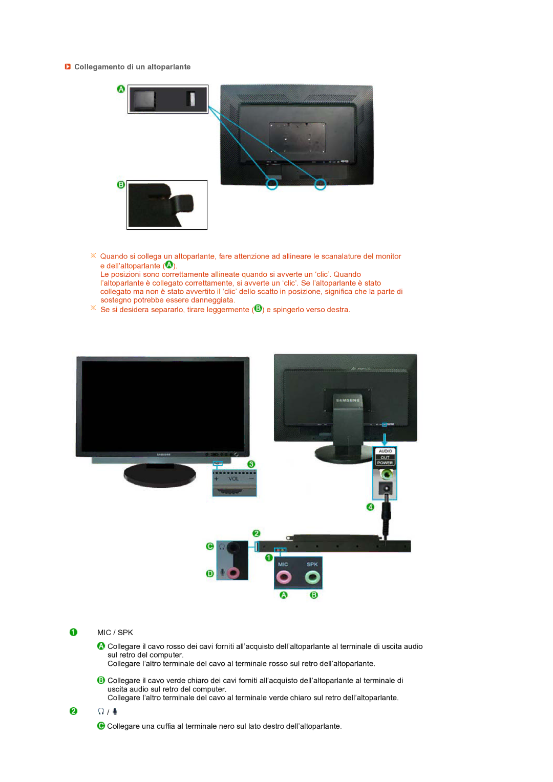 Samsung LS24HUCEBQ/EDC manual Collegamento di un altoparlante, Mic / Spk 