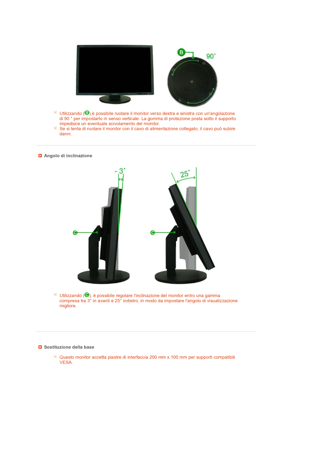 Samsung LS24HUCEBQ/EDC manual Angolo di inclinazione, Sostituzione della base 