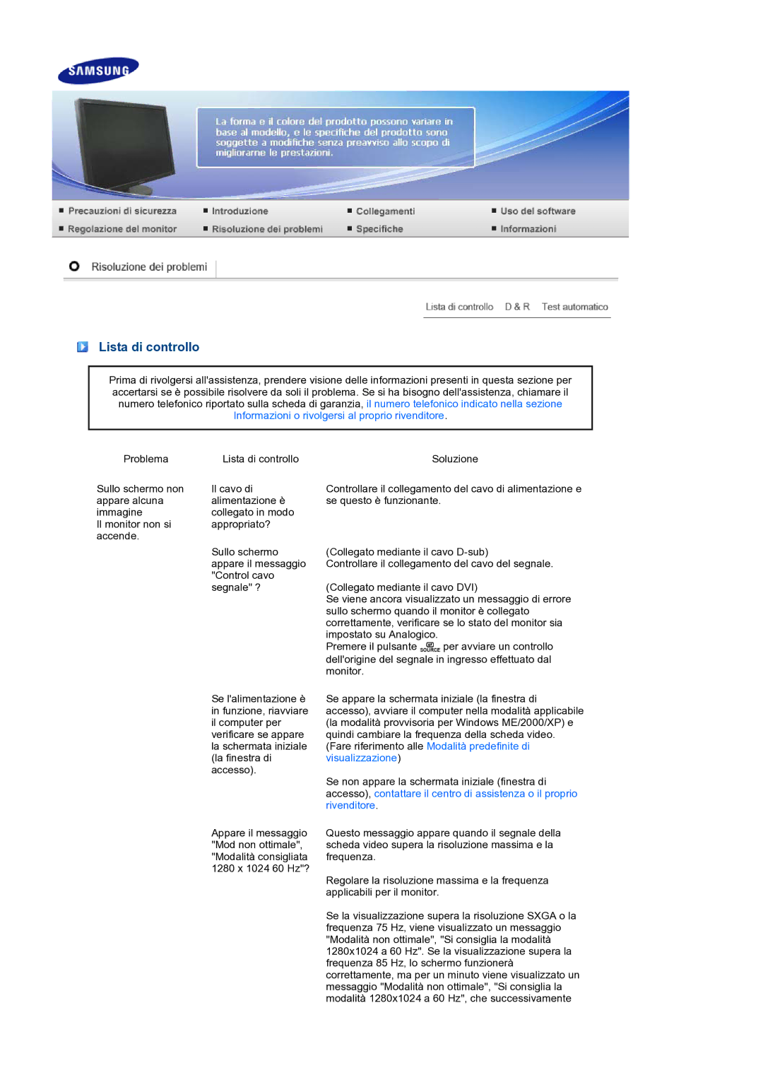 Samsung LS24HUCEBQ/EDC manual Lista di controllo 