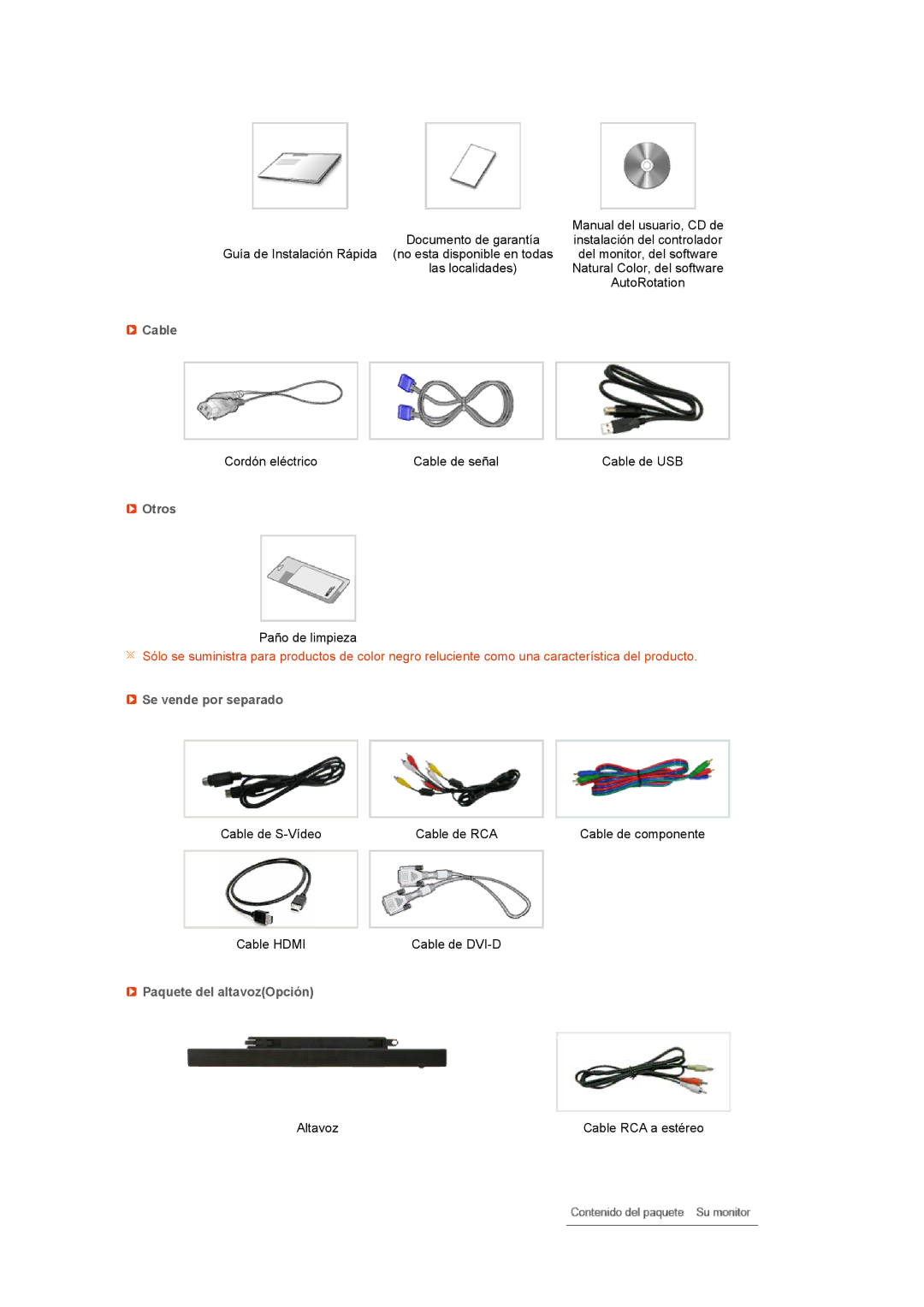 Samsung LS24HUCEBQ/EDC manual Cable, Otros, Se vende por separado, Paquete del altavozOpción 