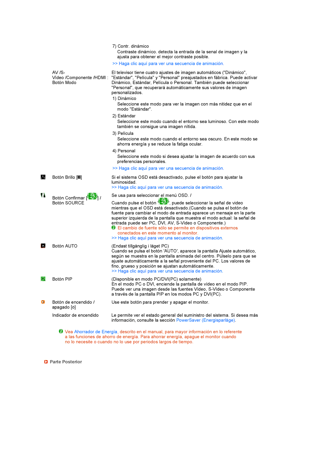 Samsung LS24HUCEBQ/EDC manual Haga clic aquí para ver una secuencia de animación, Parte Posterior 