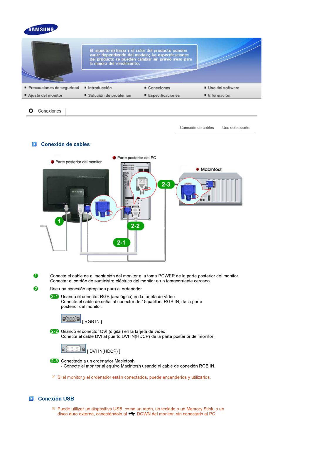 Samsung LS24HUCEBQ/EDC manual Conexión de cables, Conexión USB 