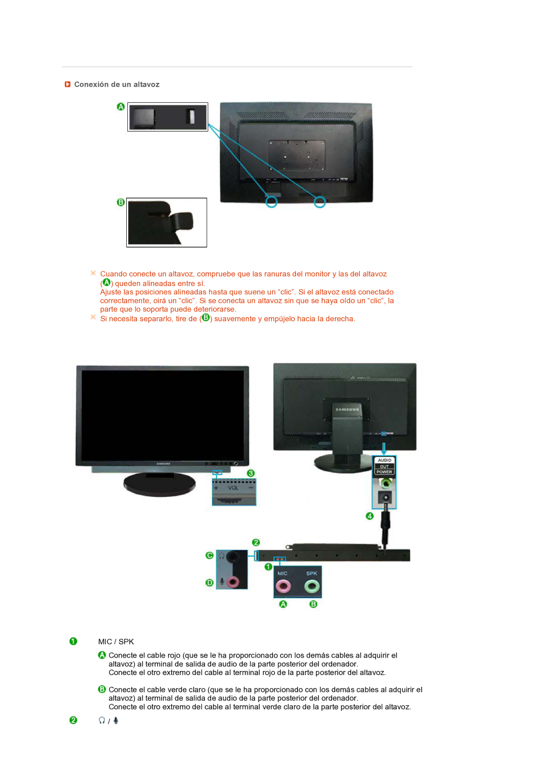 Samsung LS24HUCEBQ/EDC manual Conexión de un altavoz, Mic / Spk 