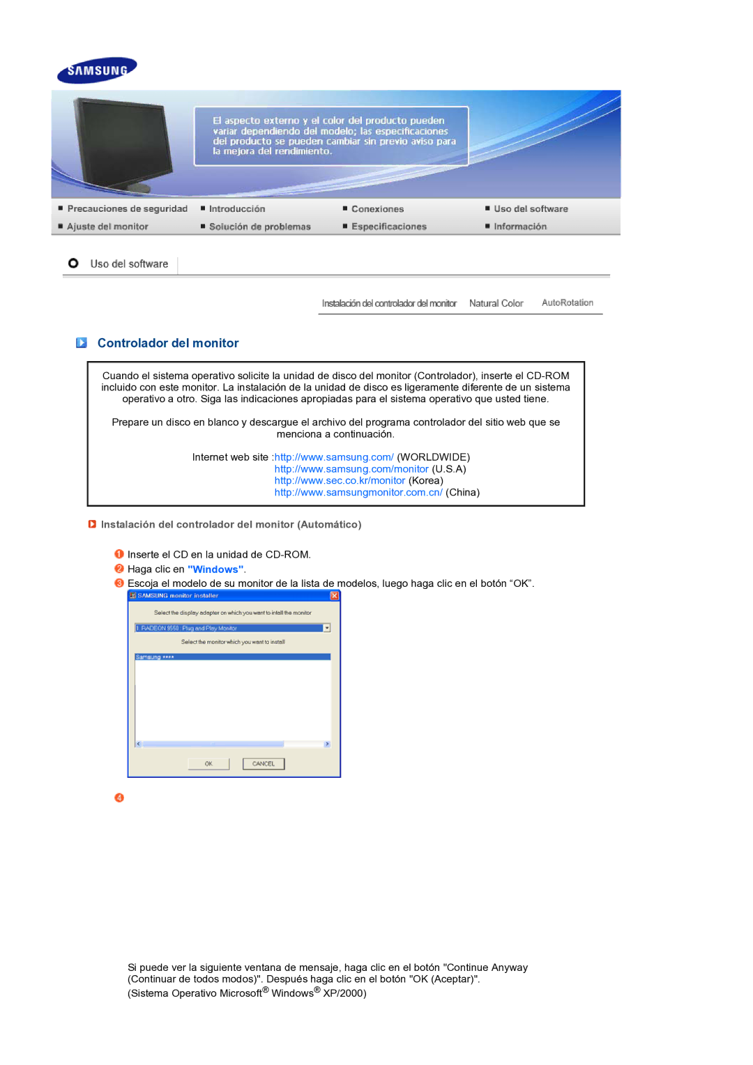 Samsung LS24HUCEBQ/EDC manual Controlador del monitor, Instalación del controlador del monitor Automático 