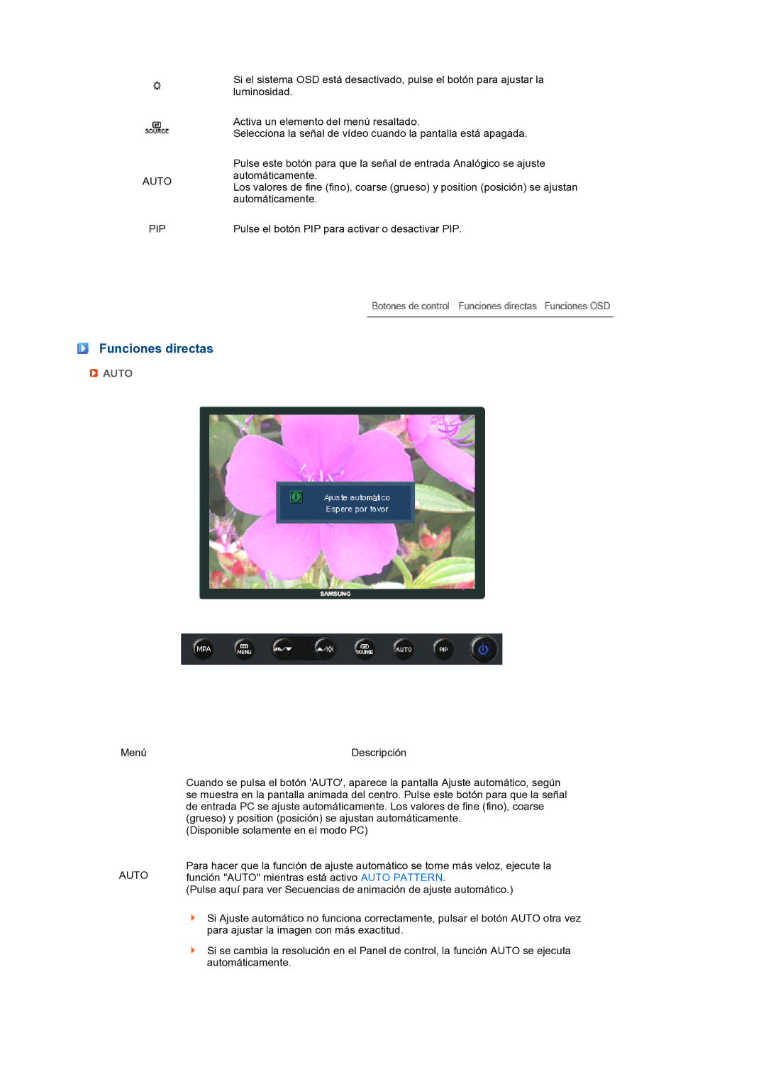 Samsung LS24HUCEBQ/EDC manual Funciones directas, Auto PIP 