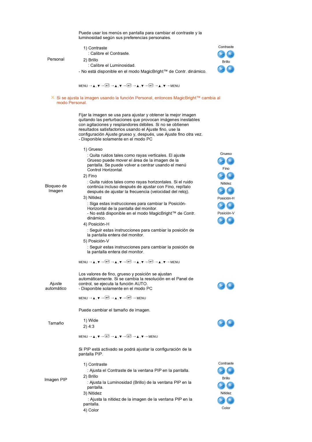 Samsung LS24HUCEBQ/EDC manual Los valores de fino, grueso y posición se ajustan 