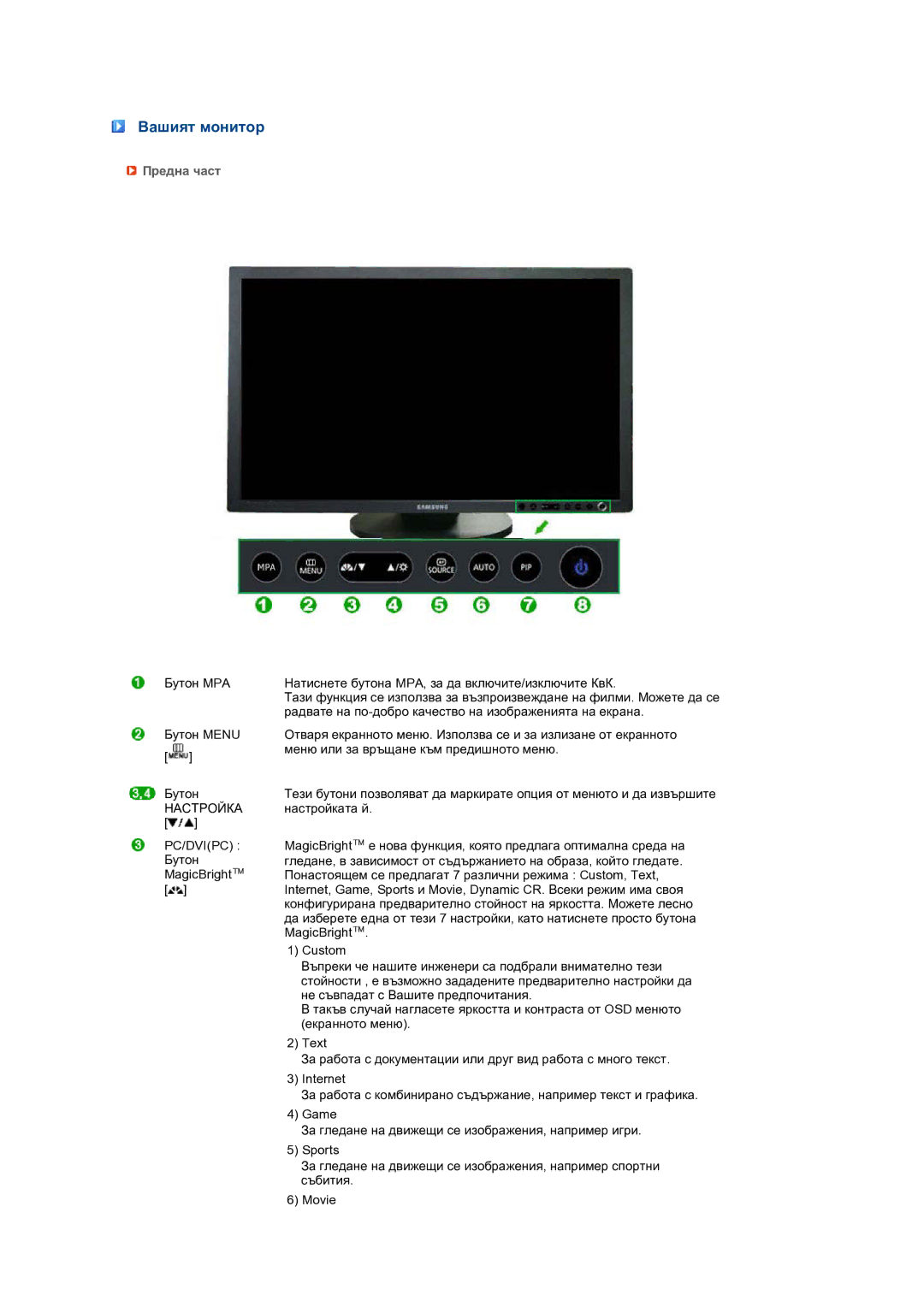 Samsung LS24HUCEBQ/EDC manual Вашият монитор, Предна част, Настройка 