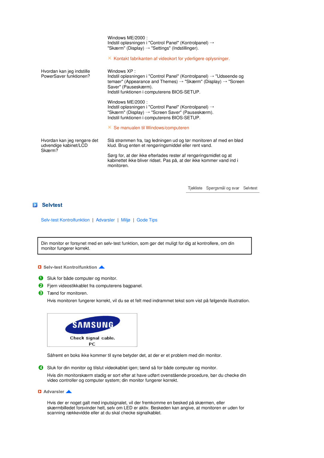 Samsung LS24HUCEBQ/EDC manual Selvtest, Selv-test Kontrolfunktion, Advarsler 