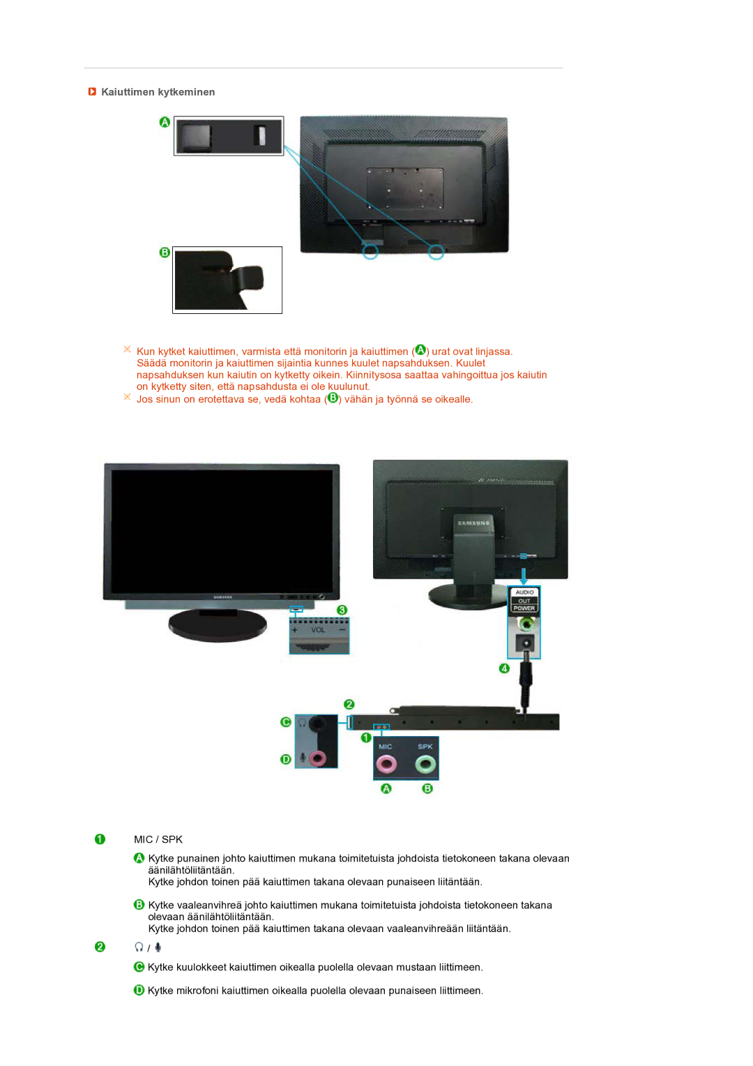 Samsung LS24HUCEBQ/EDC manual Kaiuttimen kytkeminen, Mic / Spk 