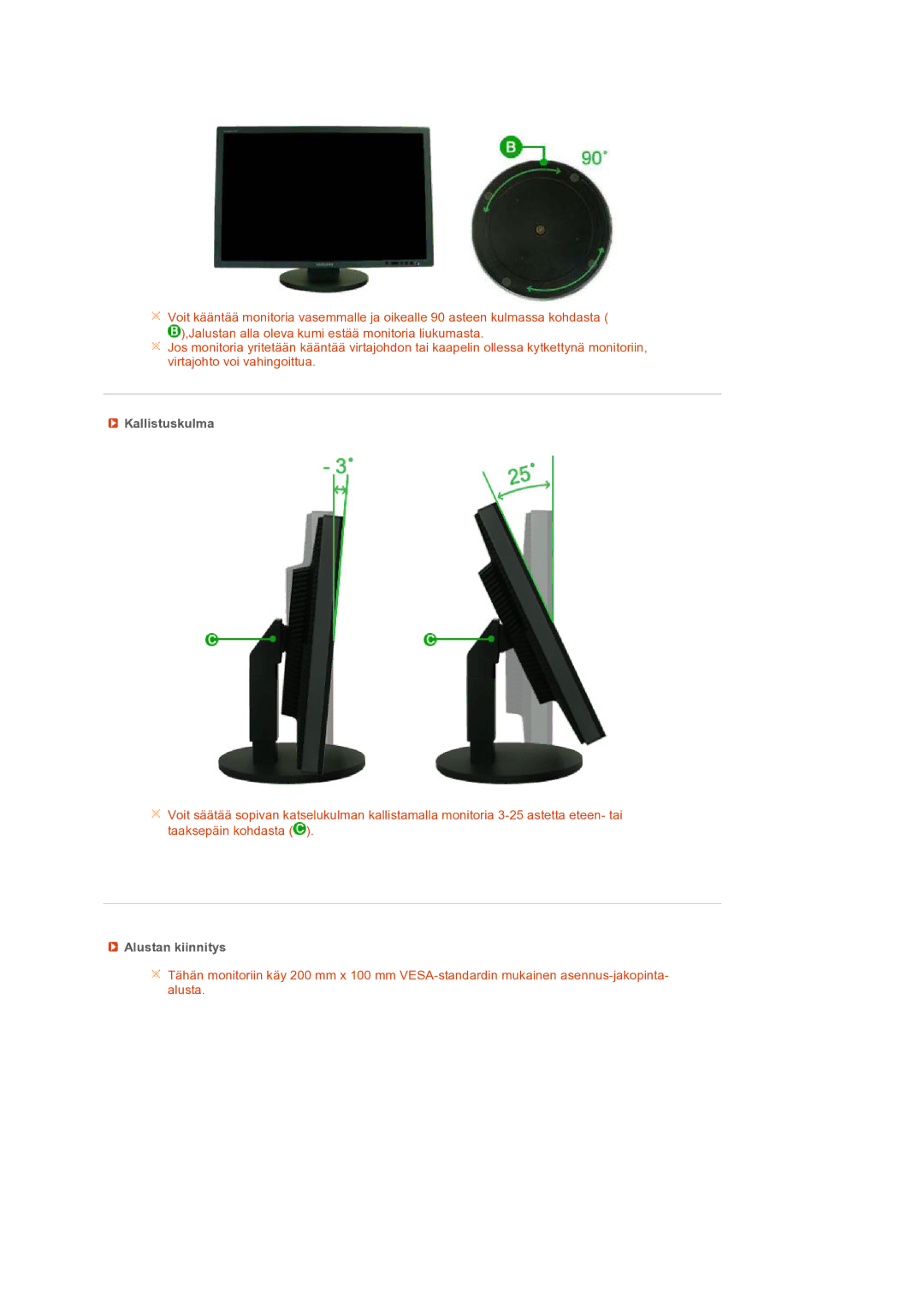 Samsung LS24HUCEBQ/EDC manual Kallistuskulma, Alustan kiinnitys 