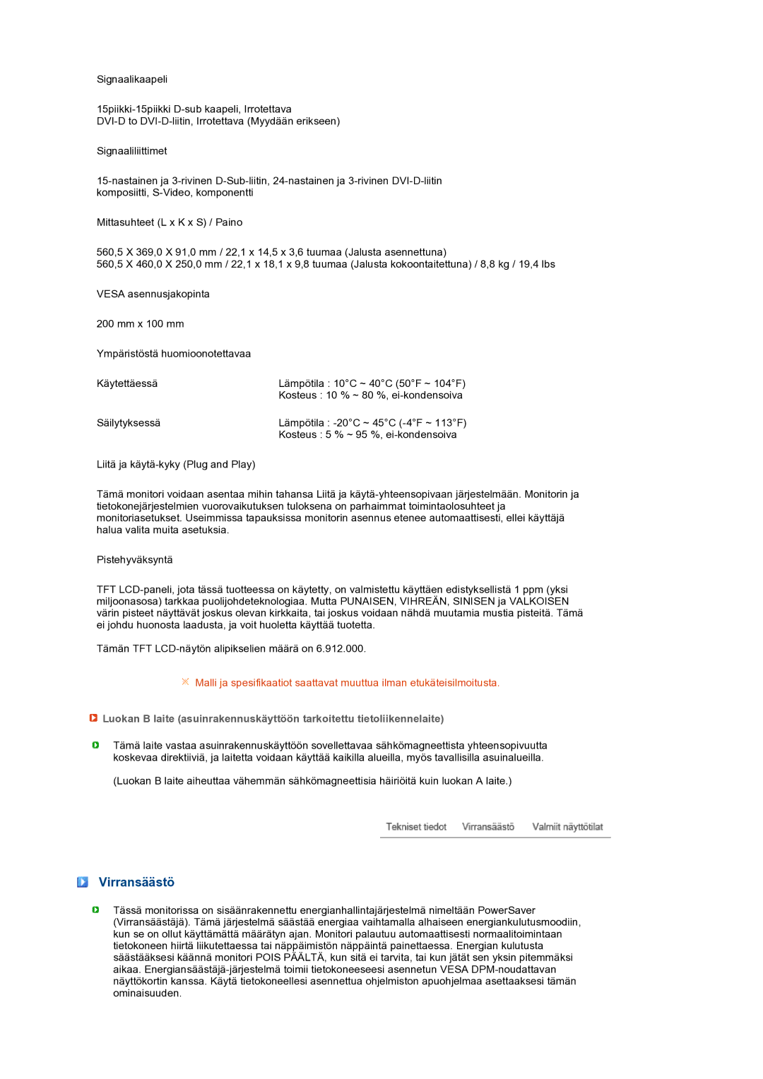 Samsung LS24HUCEBQ/EDC manual Virransäästö 