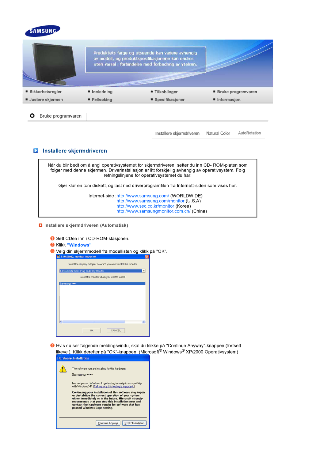 Samsung LS24HUCEBQ/EDC manual Installere skjermdriveren Automatisk 