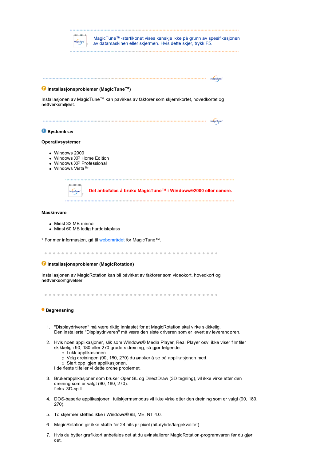 Samsung LS24HUCEBQ/EDC manual Det anbefales å bruke MagicTune i Windows2000 eller senere 