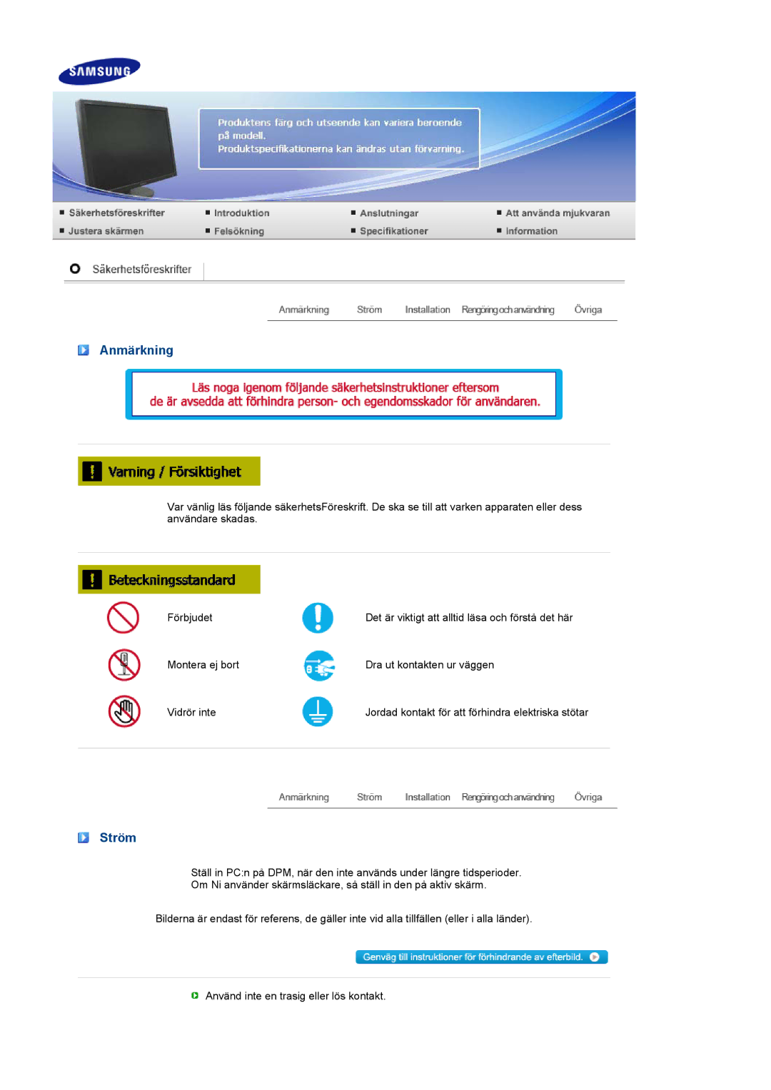 Samsung LS24HUCEBQ/EDC manual Anmärkning, Ström 