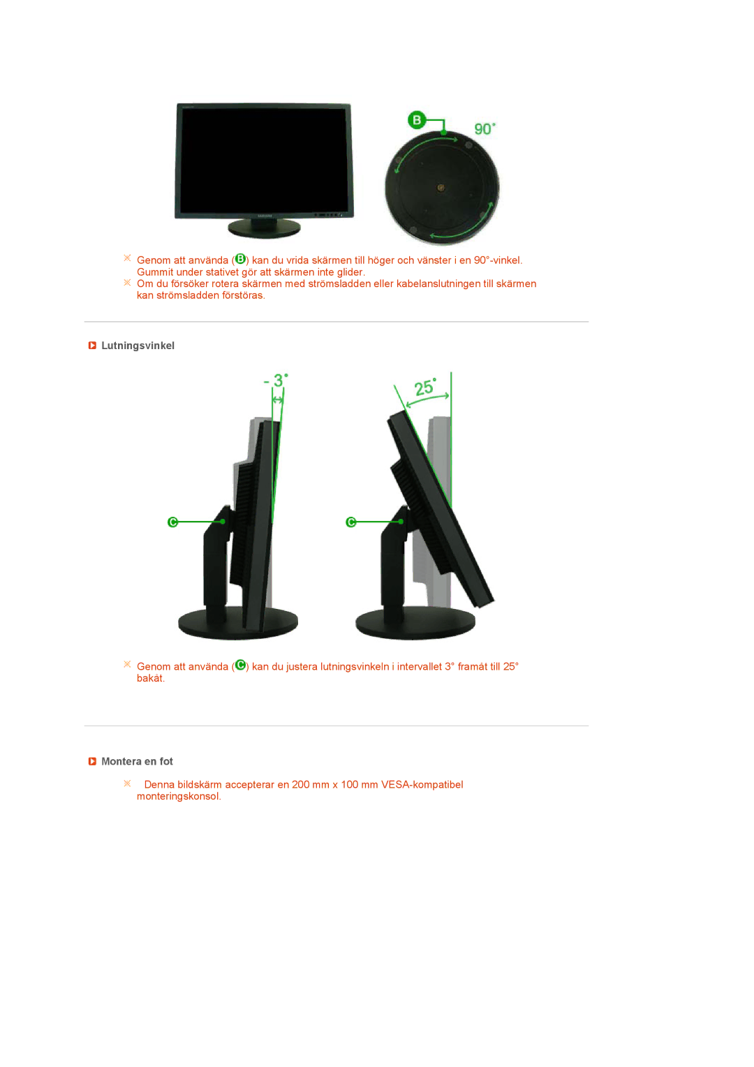 Samsung LS24HUCEBQ/EDC manual Lutningsvinkel, Montera en fot 