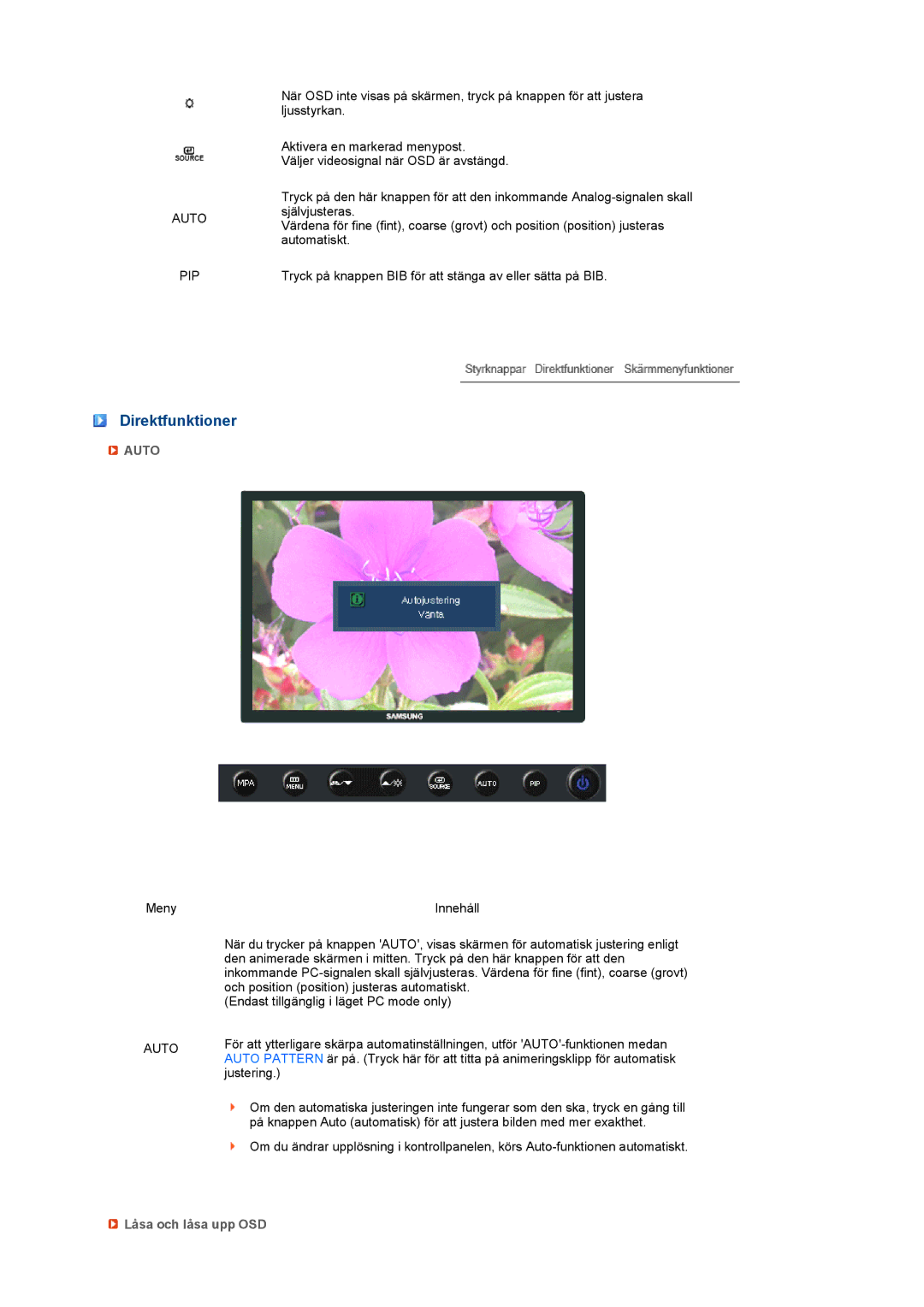 Samsung LS24HUCEBQ/EDC manual Direktfunktioner, Auto PIP, Låsa och låsa upp OSD 
