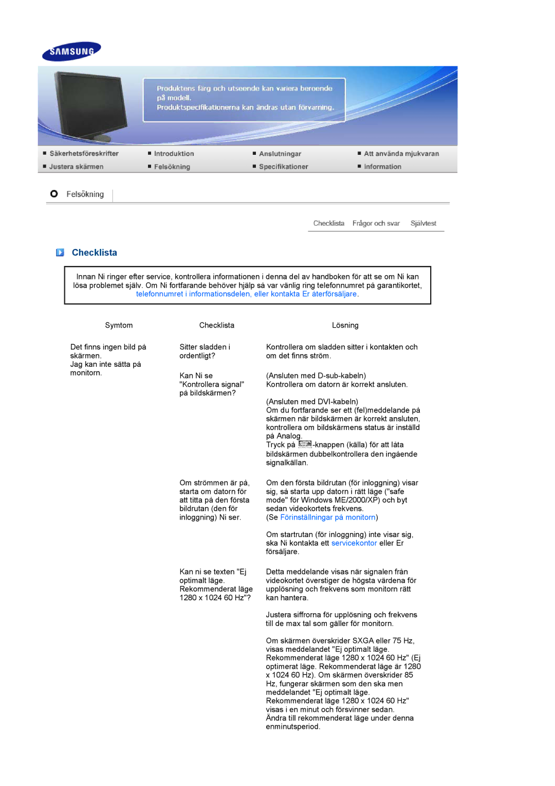 Samsung LS24HUCEBQ/EDC manual Checklista, Se Förinställningar på monitorn 