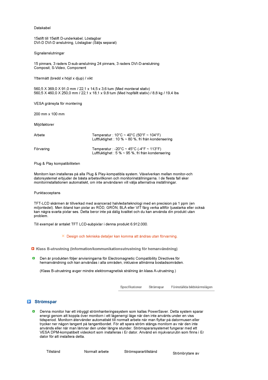 Samsung LS24HUCEBQ/EDC manual Strömspar 