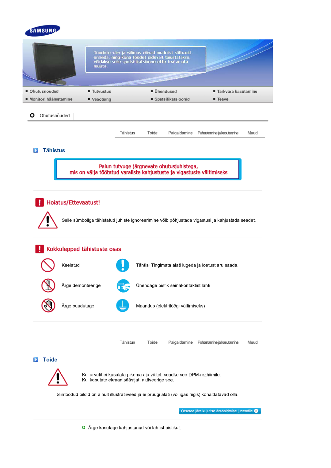 Samsung LS24HUCEBQ/EDC manual Tähistus, Toide 