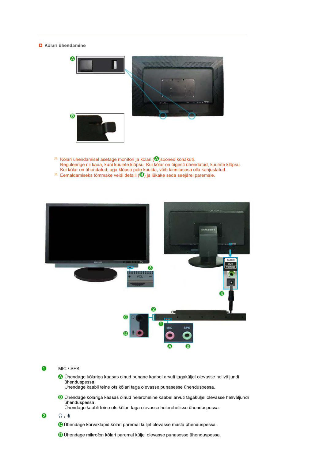 Samsung LS24HUCEBQ/EDC manual Kõlari ühendamine, Mic / Spk 