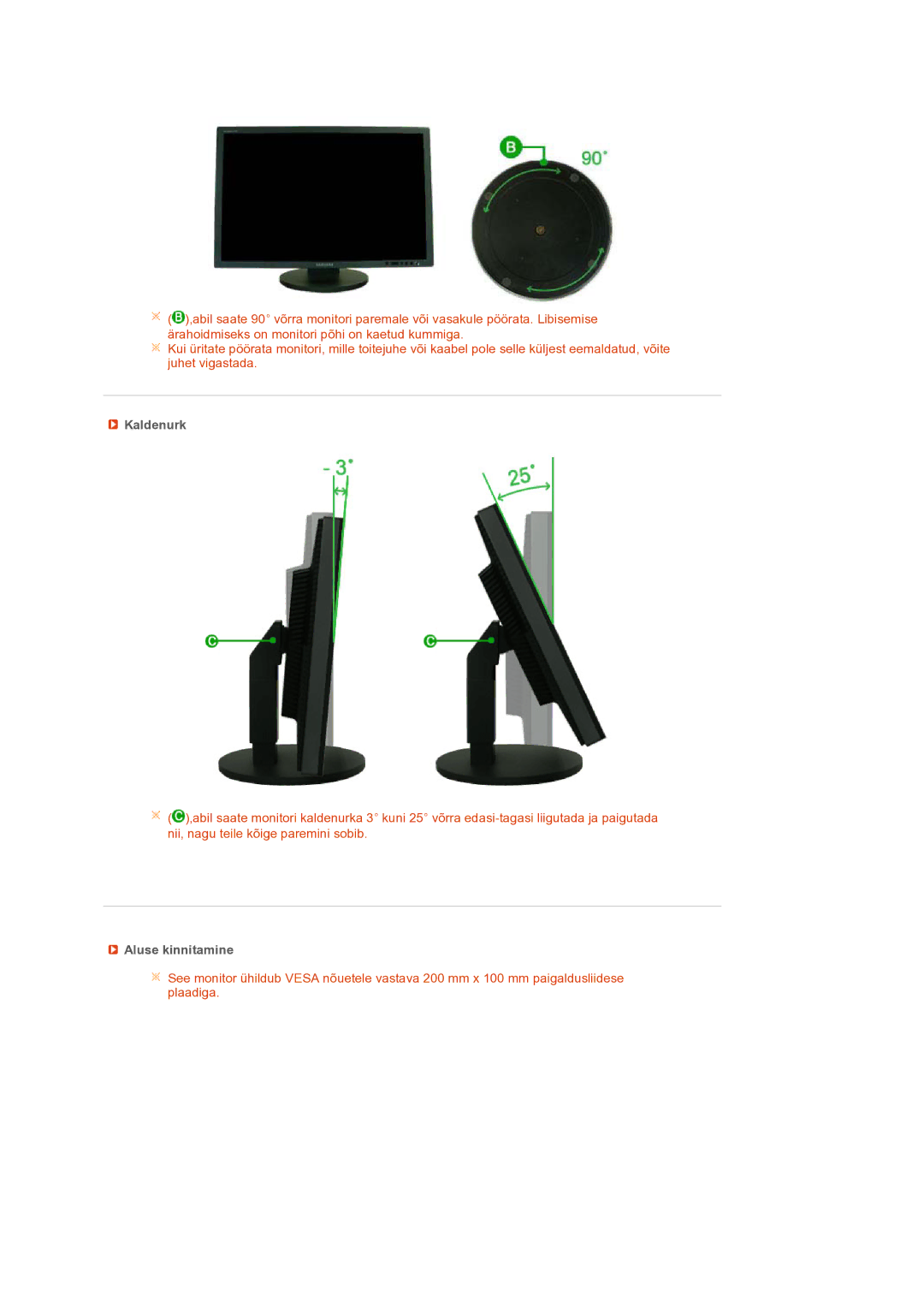 Samsung LS24HUCEBQ/EDC manual Kaldenurk, Aluse kinnitamine 