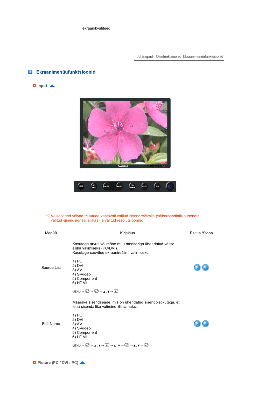 Samsung LS24HUCEBQ/EDC manual Ekraanimenüüfunktsioonid, Input, Picture PC / DVI PC 