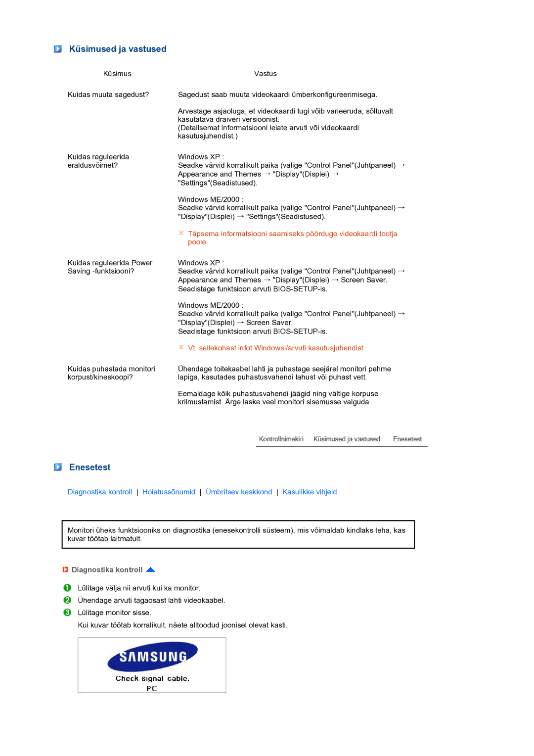 Samsung LS24HUCEBQ/EDC manual Küsimused ja vastused, Enesetest, Diagnostika kontroll 