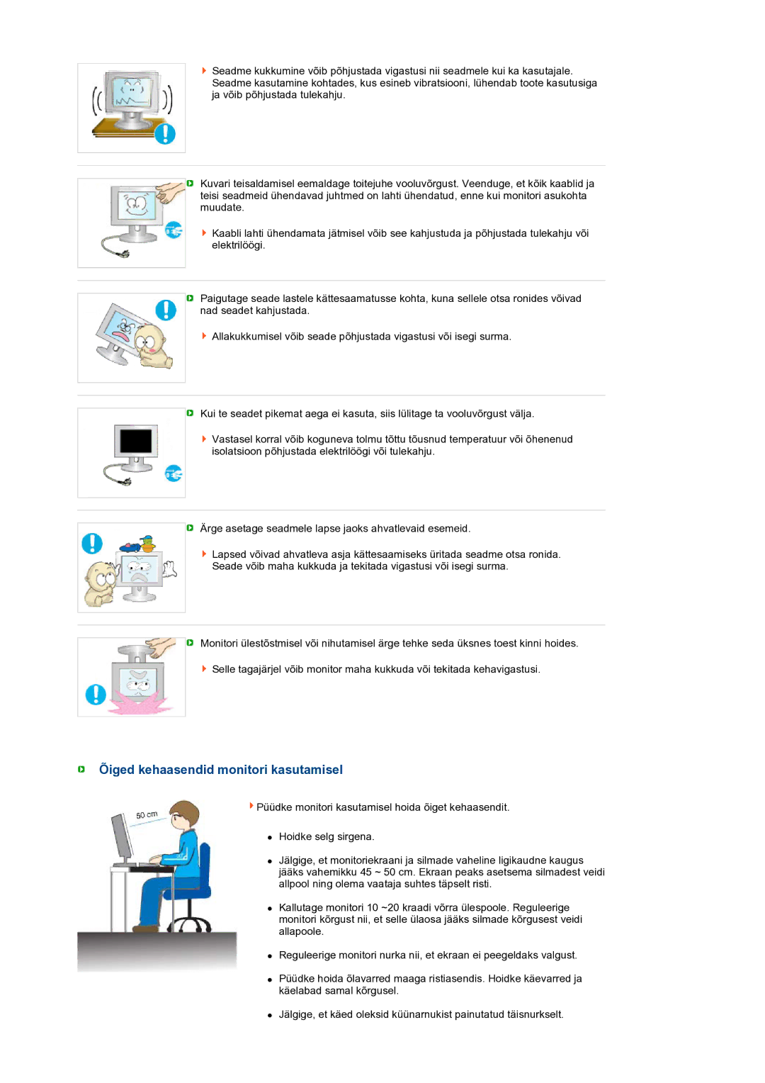 Samsung LS24HUCEBQ/EDC manual Õiged kehaasendid monitori kasutamisel 