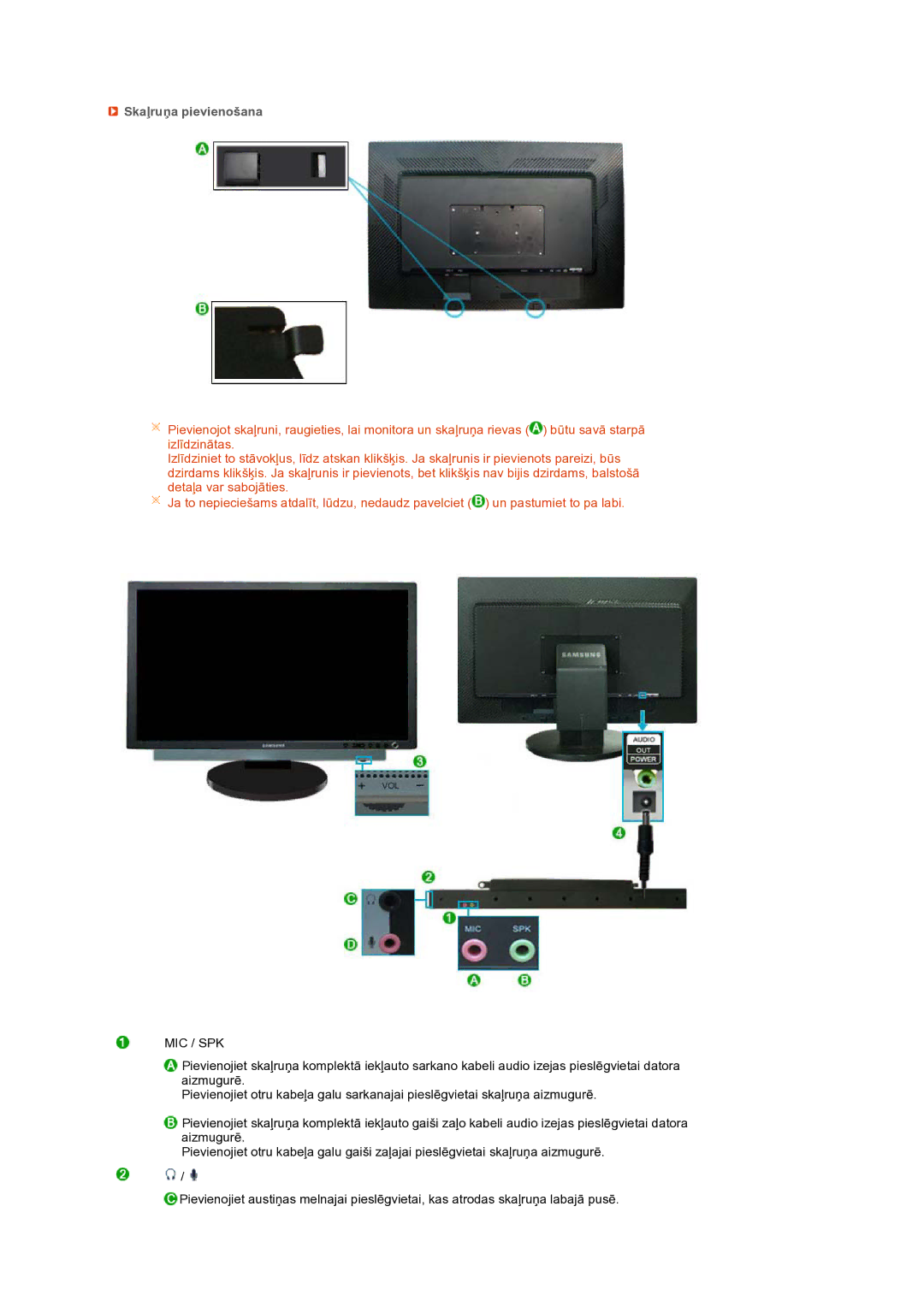 Samsung LS24HUCEBQ/EDC manual Skaļruņa pievienošana, Mic / Spk 