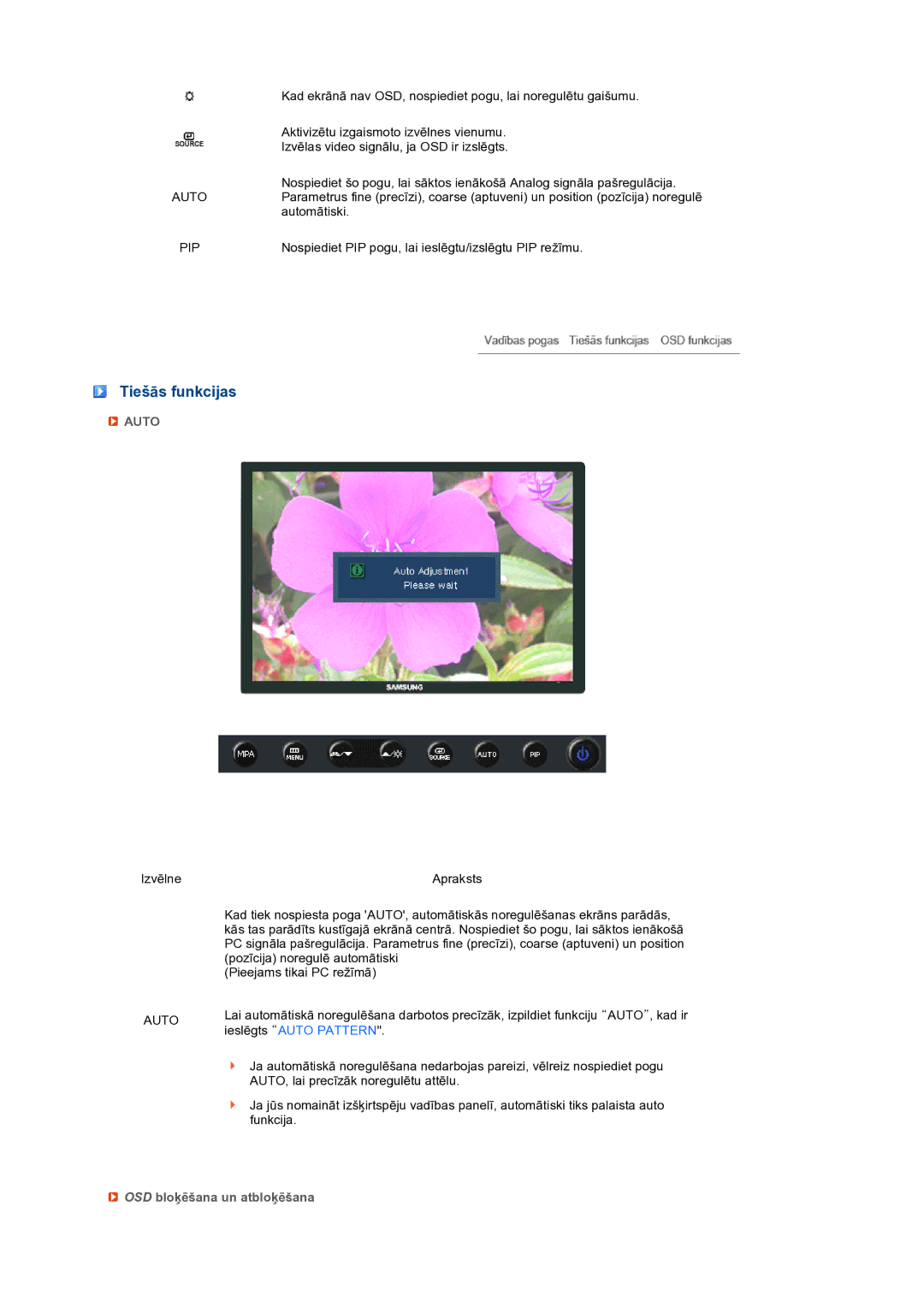 Samsung LS24HUCEBQ/EDC manual Tiešās funkcijas, Pip, Auto, OSD bloķēšana un atbloķēšana 