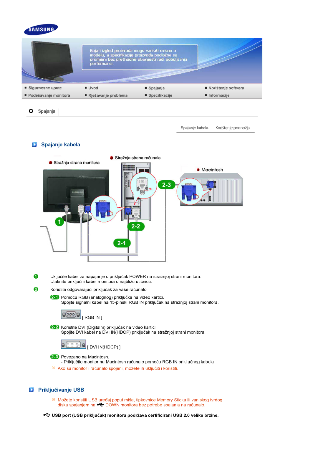 Samsung LS24HUCEBQ/EDC manual Spajanje kabela, Priključivanje USB 