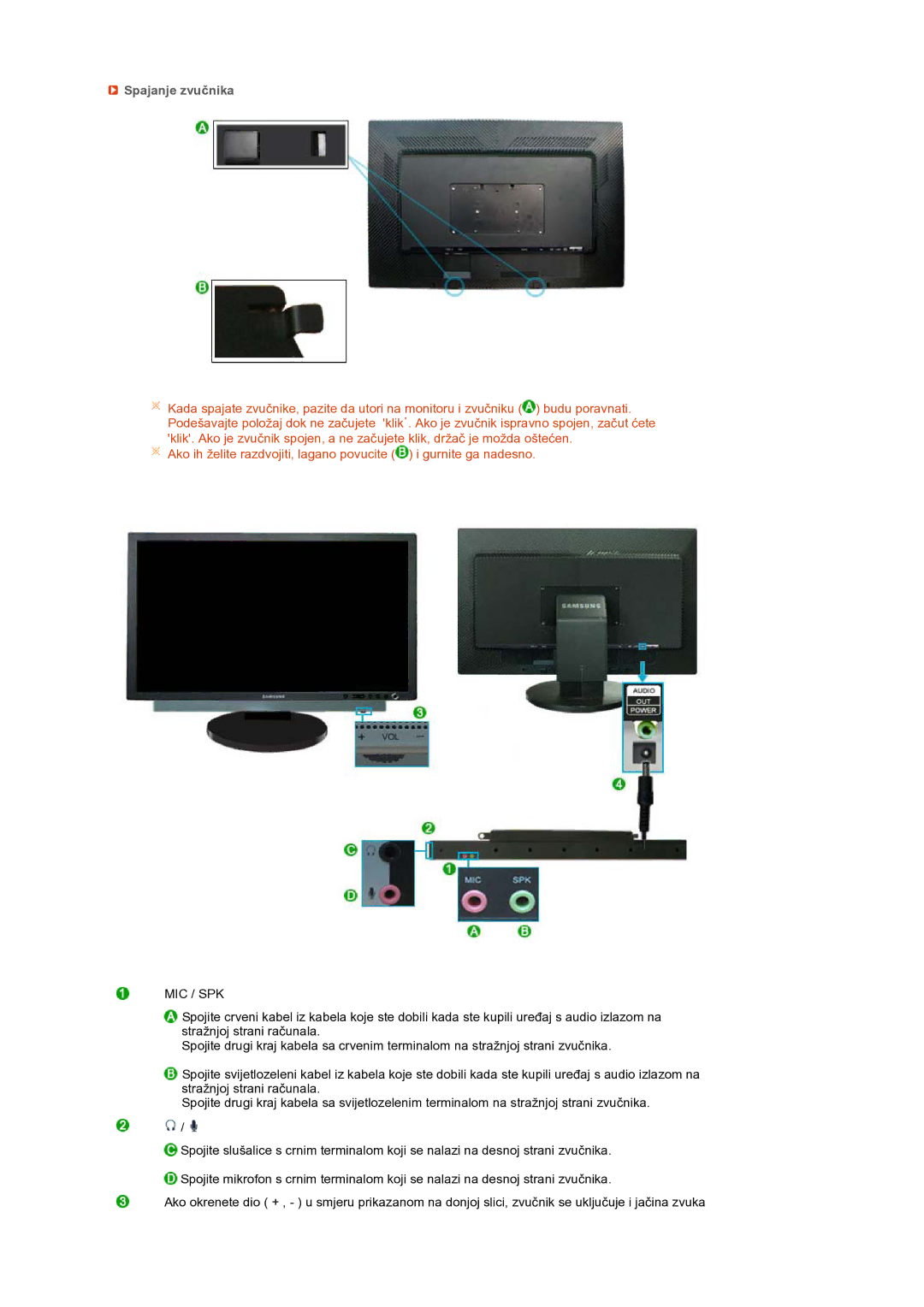 Samsung LS24HUCEBQ/EDC manual Spajanje zvučnika, Mic / Spk 